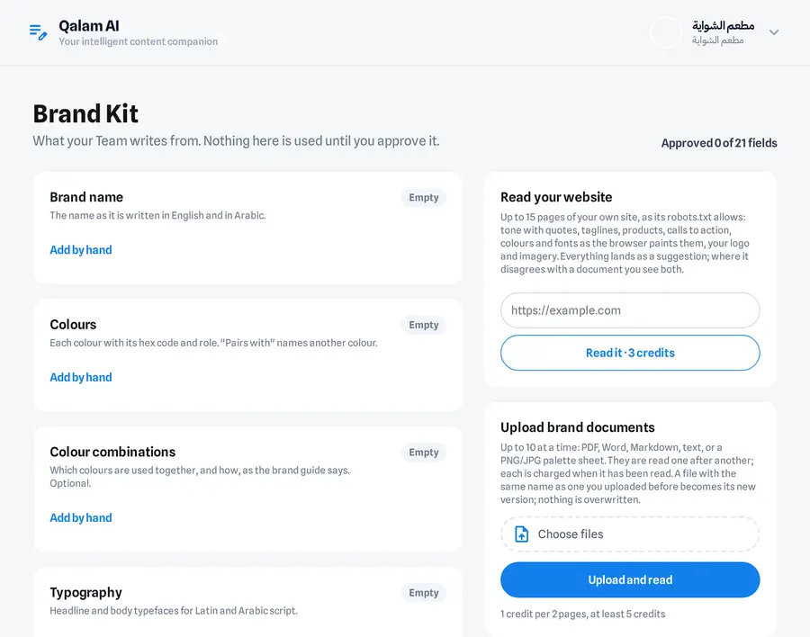 The Brand Kit page reading a website and brand documents